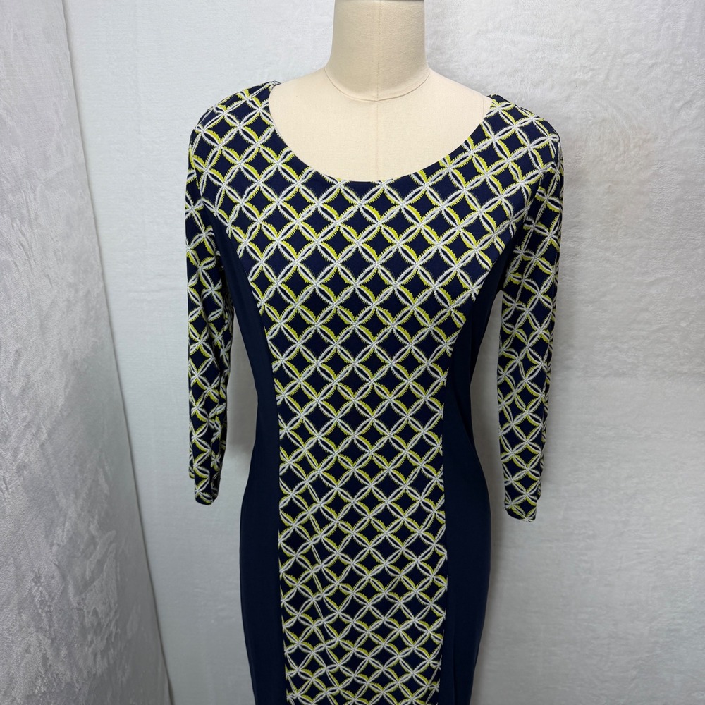 Sami‎ & Jo Navy Blue Geometric Lattice Sheath M Dress Side Panels Form Fitting